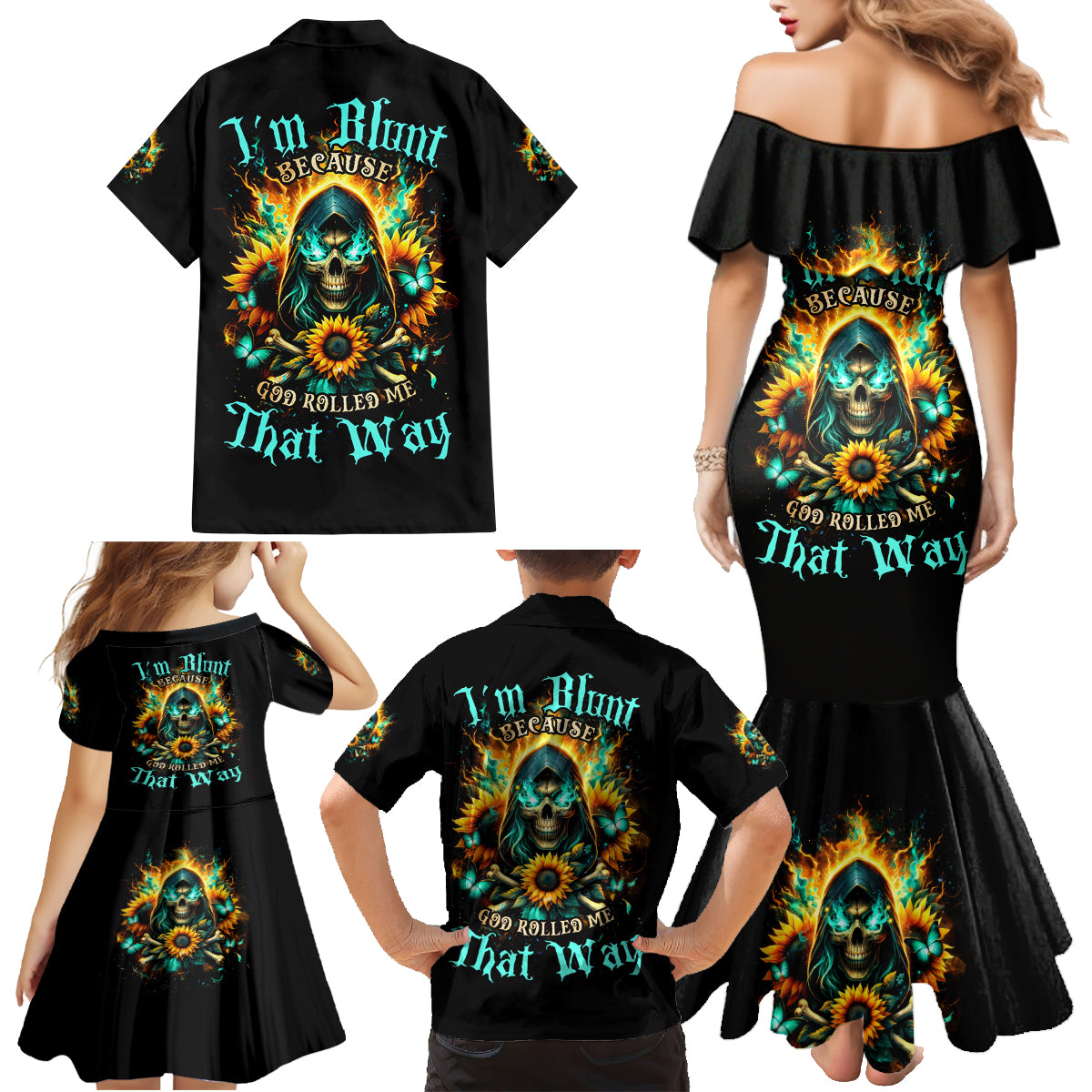 Sunflower Skull Family Matching Mermaid Dress and Hawaiian Shirt I'm Blunt Because God Rolled Me That Way - Wonder Print Shop