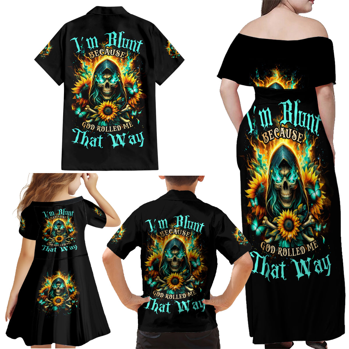 Sunflower Skull Family Matching Off Shoulder Maxi Dress and Hawaiian Shirt I'm Blunt Because God Rolled Me That Way - Wonder Print Shop