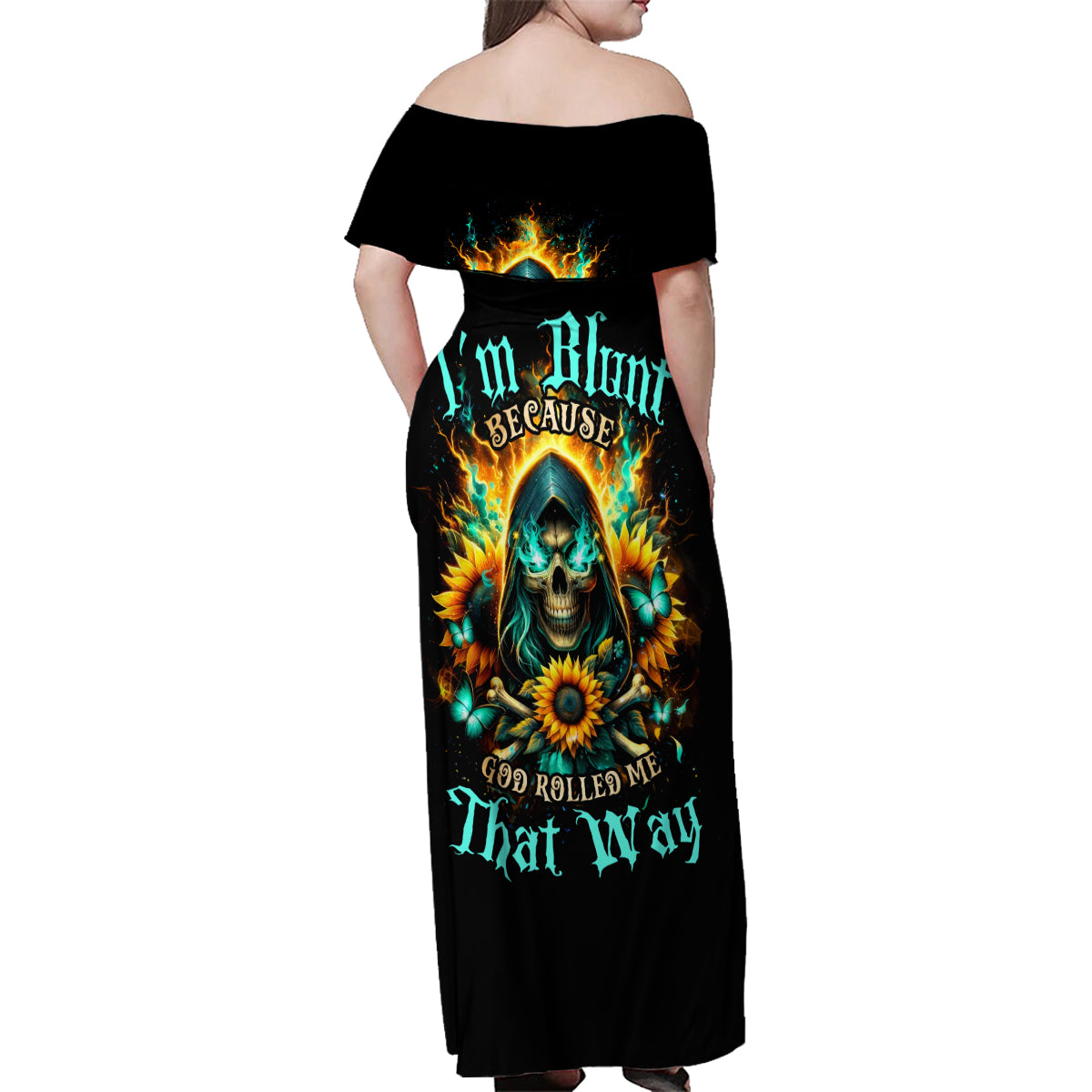 Sunflower Skull Family Matching Off Shoulder Maxi Dress and Hawaiian Shirt I'm Blunt Because God Rolled Me That Way - Wonder Print Shop