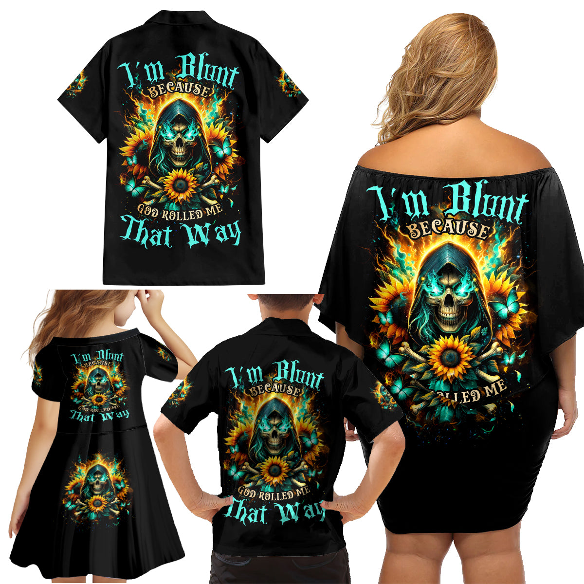 Sunflower Skull Family Matching Off Shoulder Short Dress and Hawaiian Shirt I'm Blunt Because God Rolled Me That Way - Wonder Print Shop