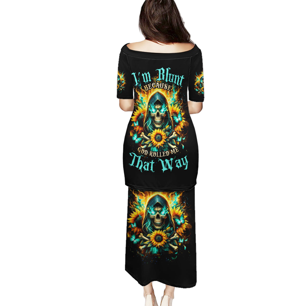 Sunflower Skull Family Matching Puletasi and Hawaiian Shirt I'm Blunt Because God Rolled Me That Way - Wonder Print Shop