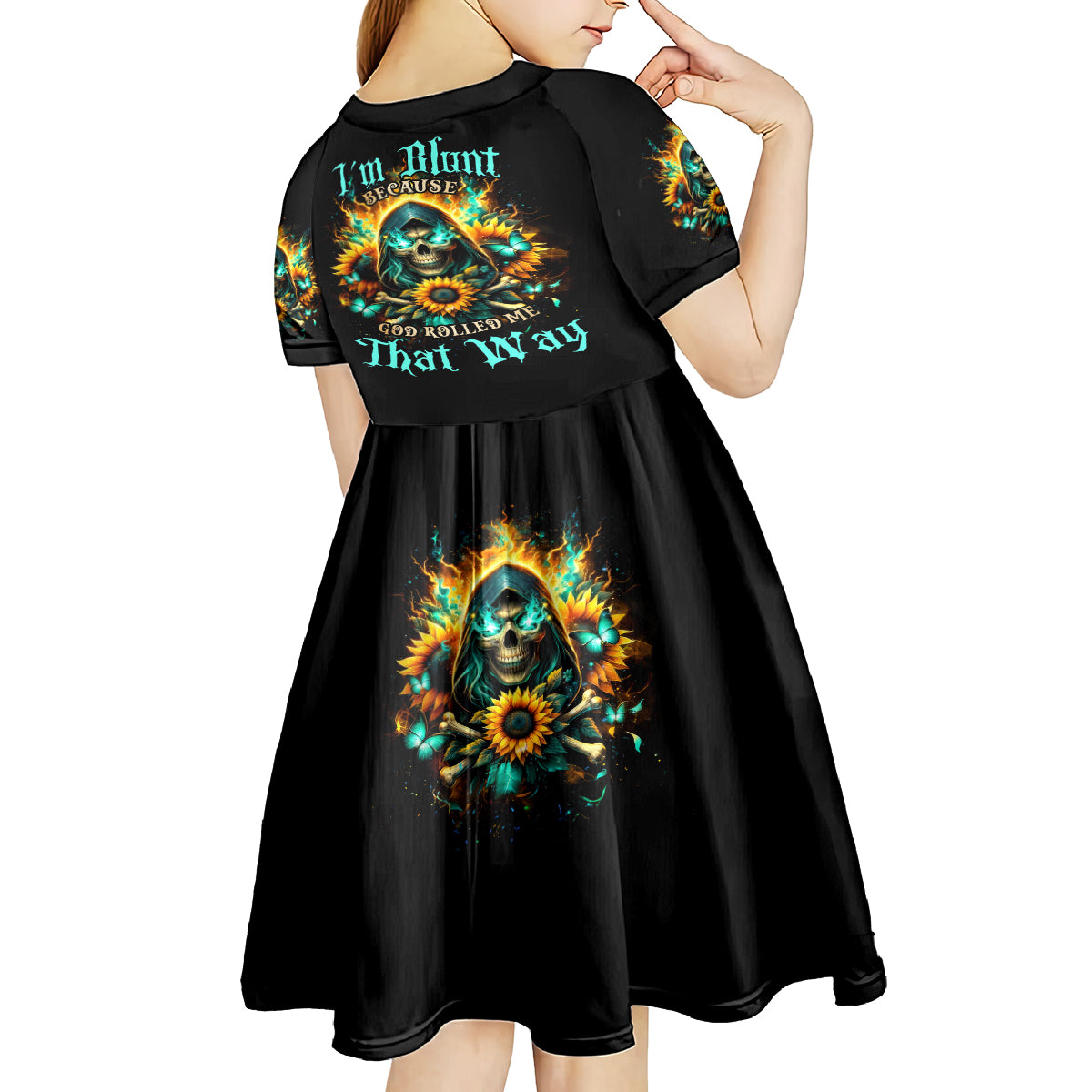 Sunflower Skull Kid Short Sleeve Dress I'm Blunt Because God Rolled Me That Way - Wonder Print Shop