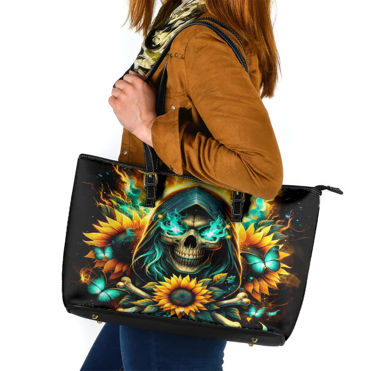 Sunflower Skull Leather Tote Bag I'm Blunt Because God Rolled Me That Way - Wonder Print Shop