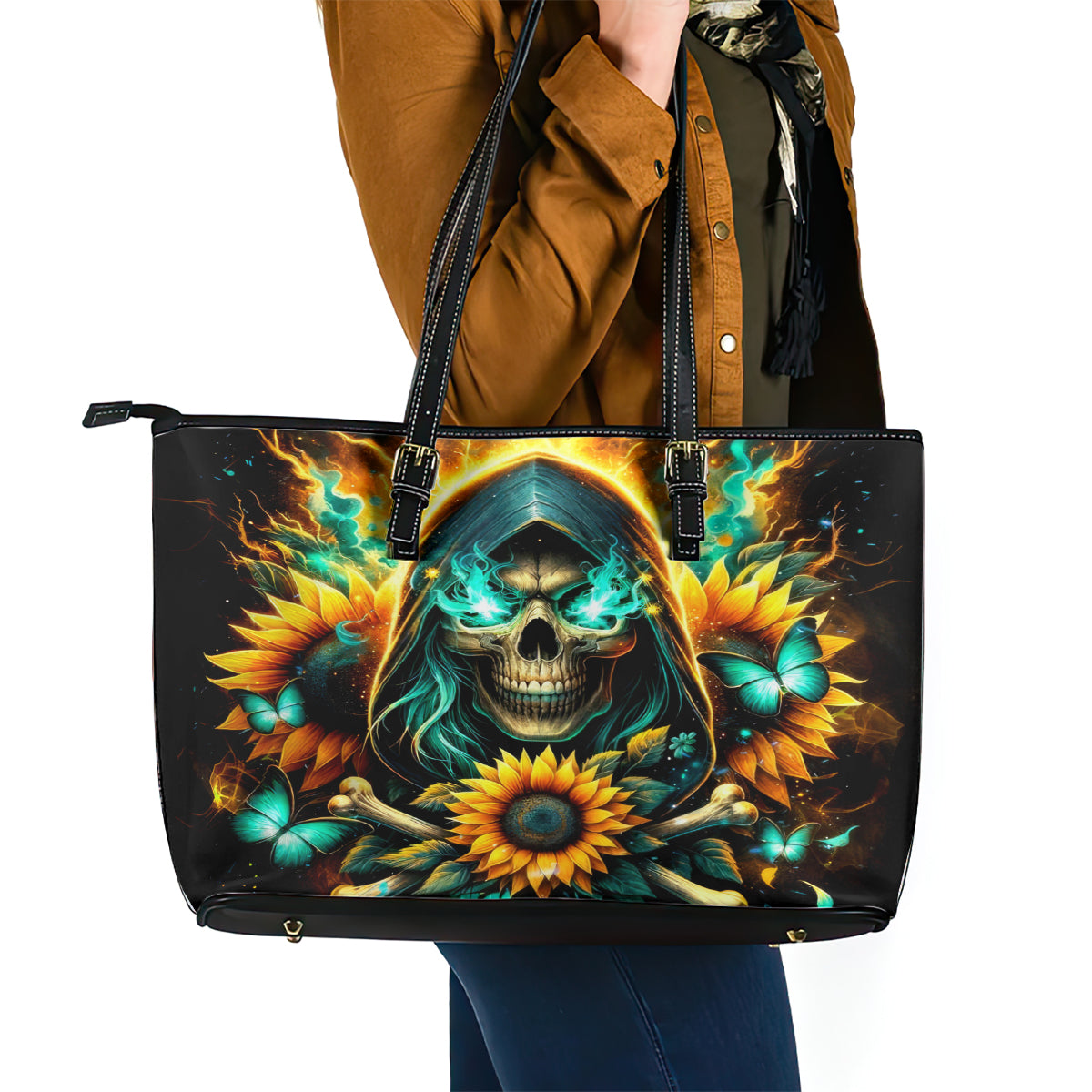 Sunflower Skull Leather Tote Bag I'm Blunt Because God Rolled Me That Way - Wonder Print Shop