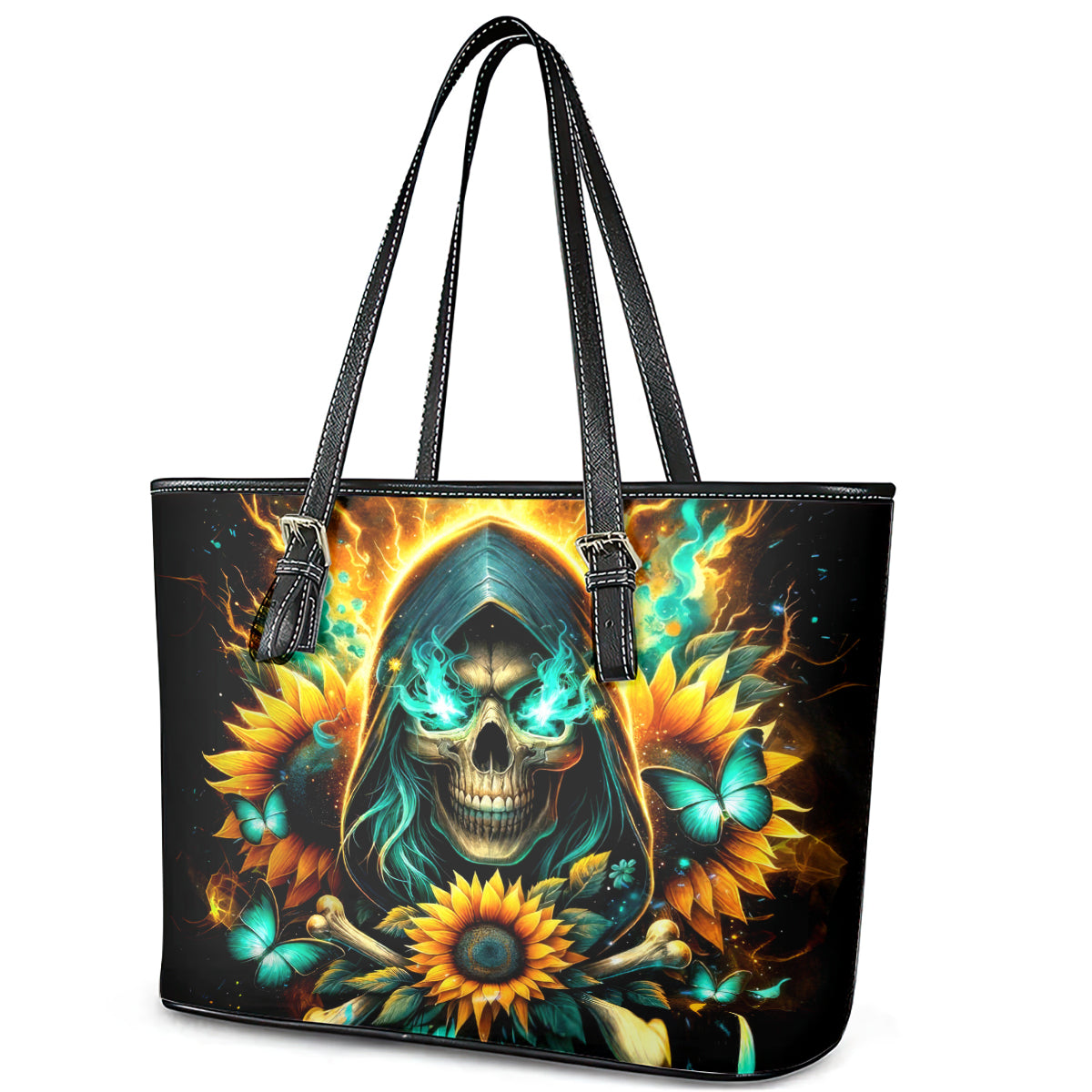 Sunflower Skull Leather Tote Bag I'm Blunt Because God Rolled Me That Way - Wonder Print Shop