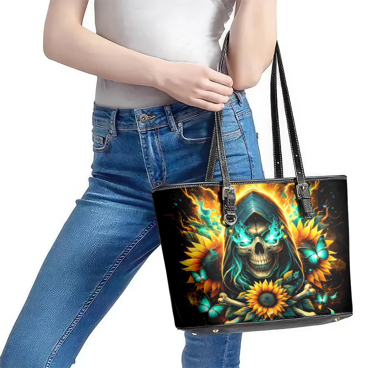 Sunflower Skull Leather Tote Bag I'm Blunt Because God Rolled Me That Way - Wonder Print Shop