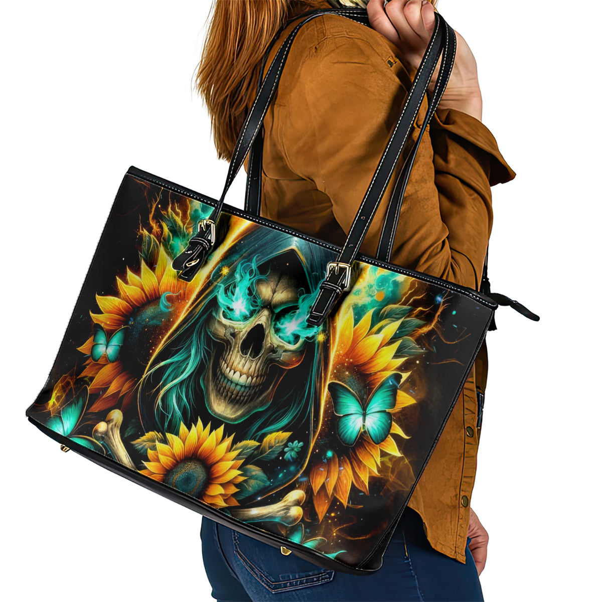 Sunflower Skull Leather Tote Bag I'm Blunt Because God Rolled Me That Way - Wonder Print Shop
