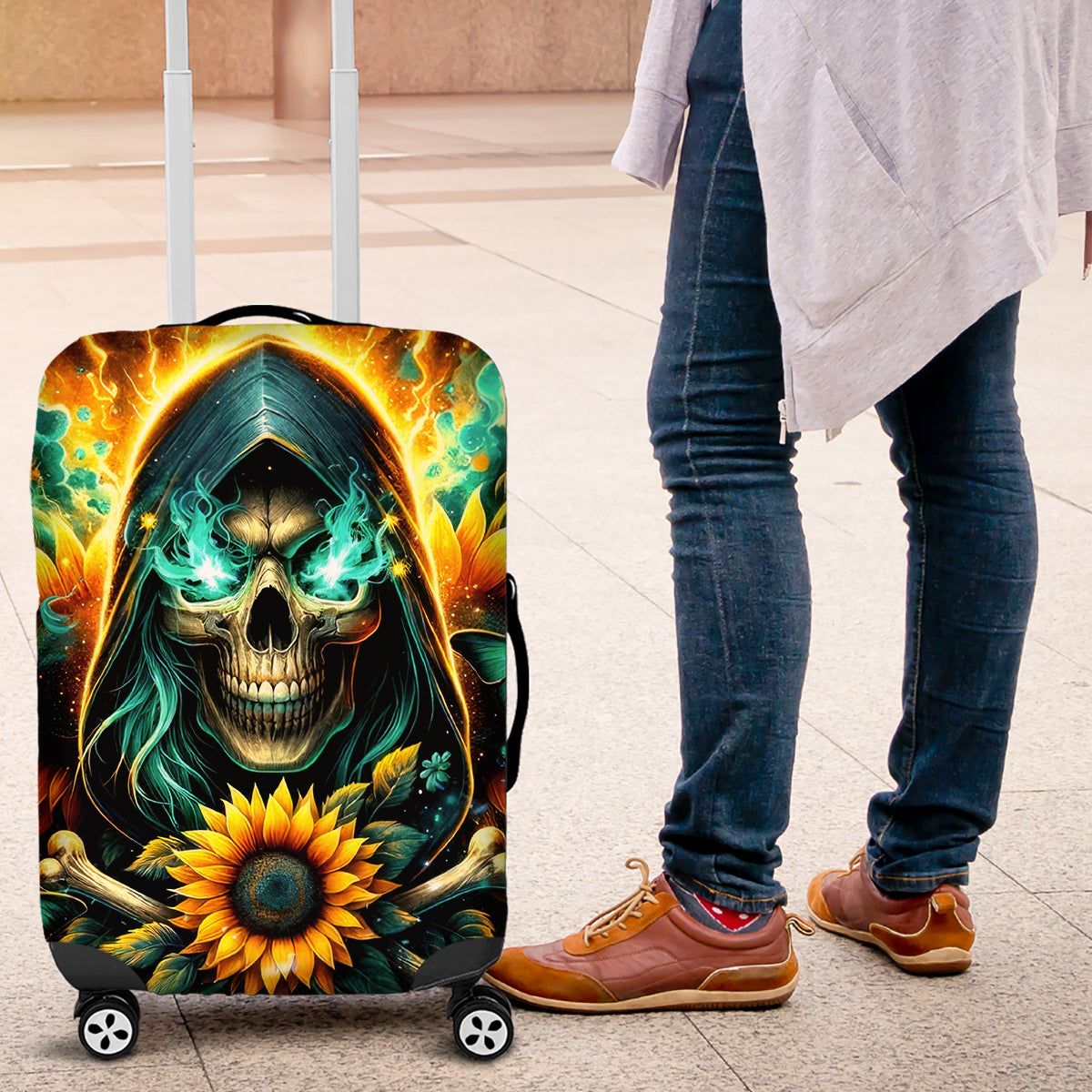 Sunflower Skull Luggage Cover I'm Blunt Because God Rolled Me That Way - Wonder Print Shop