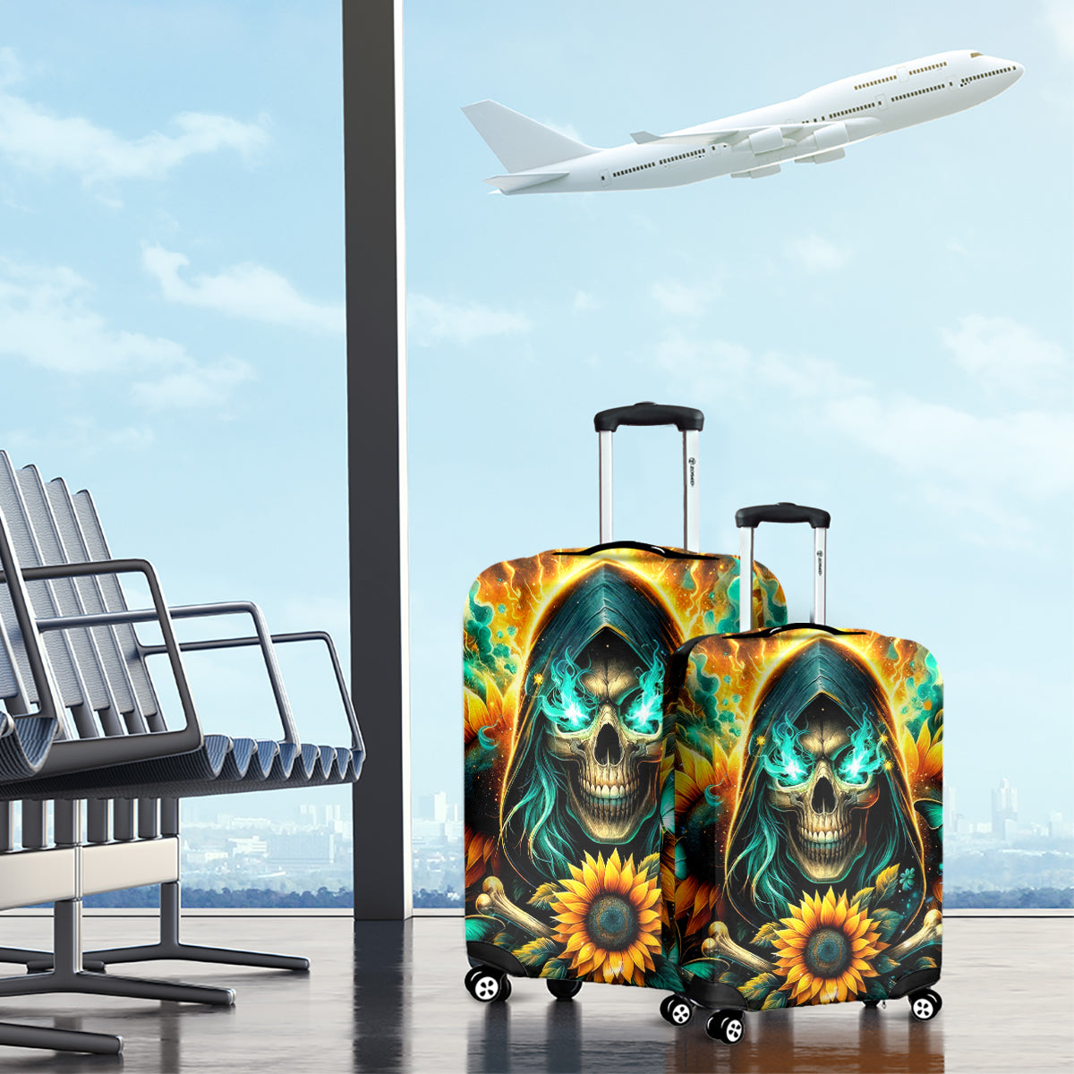 Sunflower Skull Luggage Cover I'm Blunt Because God Rolled Me That Way - Wonder Print Shop