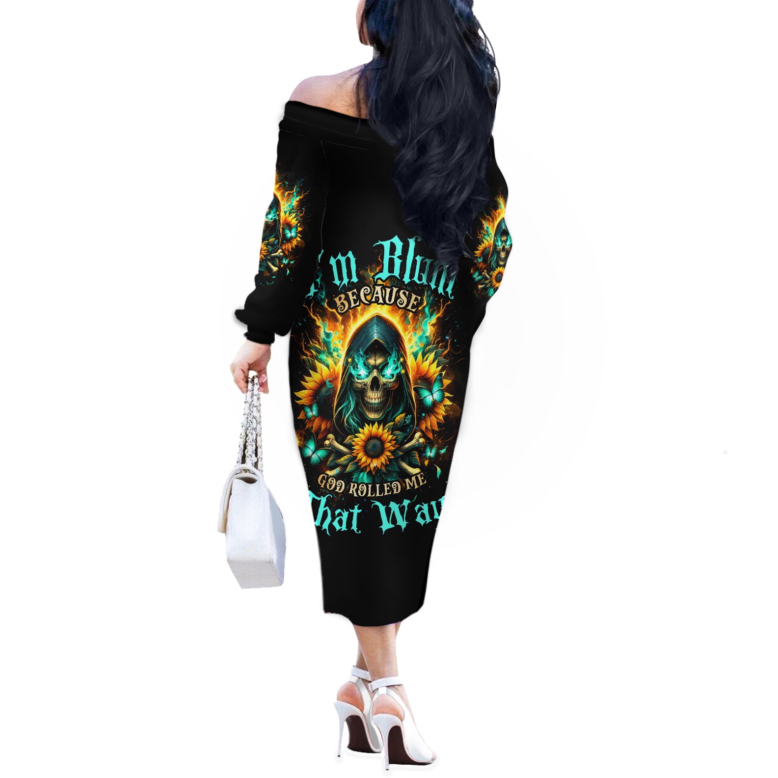 Sunflower Skull Off The Shoulder Long Sleeve Dress I'm Blunt Because God Rolled Me That Way - Wonder Print Shop