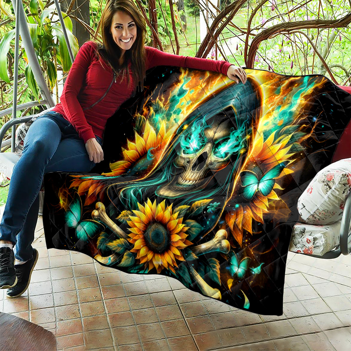 Sunflower Skull Quilt I'm Blunt Because God Rolled Me That Way - Wonder Print Shop