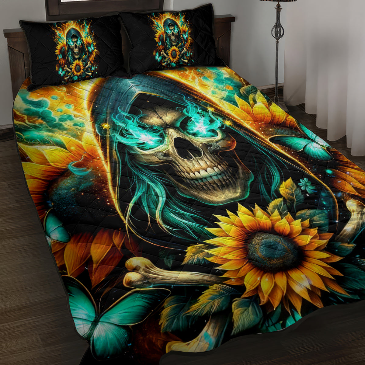 Sunflower Skull Quilt Bed Set I'm Blunt Because God Rolled Me That Way - Wonder Print Shop