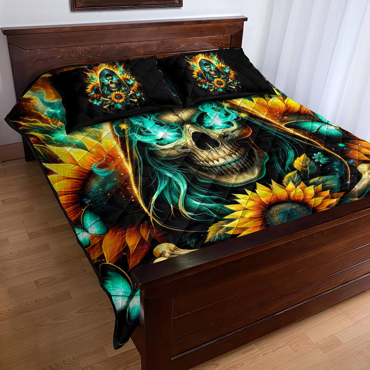 Sunflower Skull Quilt Bed Set I'm Blunt Because God Rolled Me That Way - Wonder Print Shop