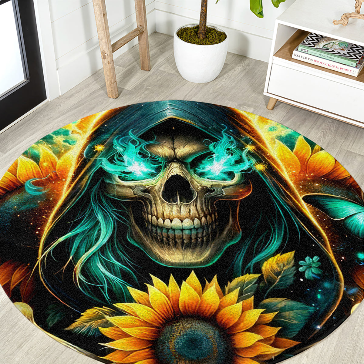 Sunflower Skull Round Carpet I'm Blunt Because God Rolled Me That Way