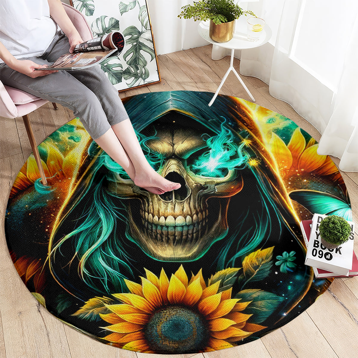 Sunflower Skull Round Carpet I'm Blunt Because God Rolled Me That Way