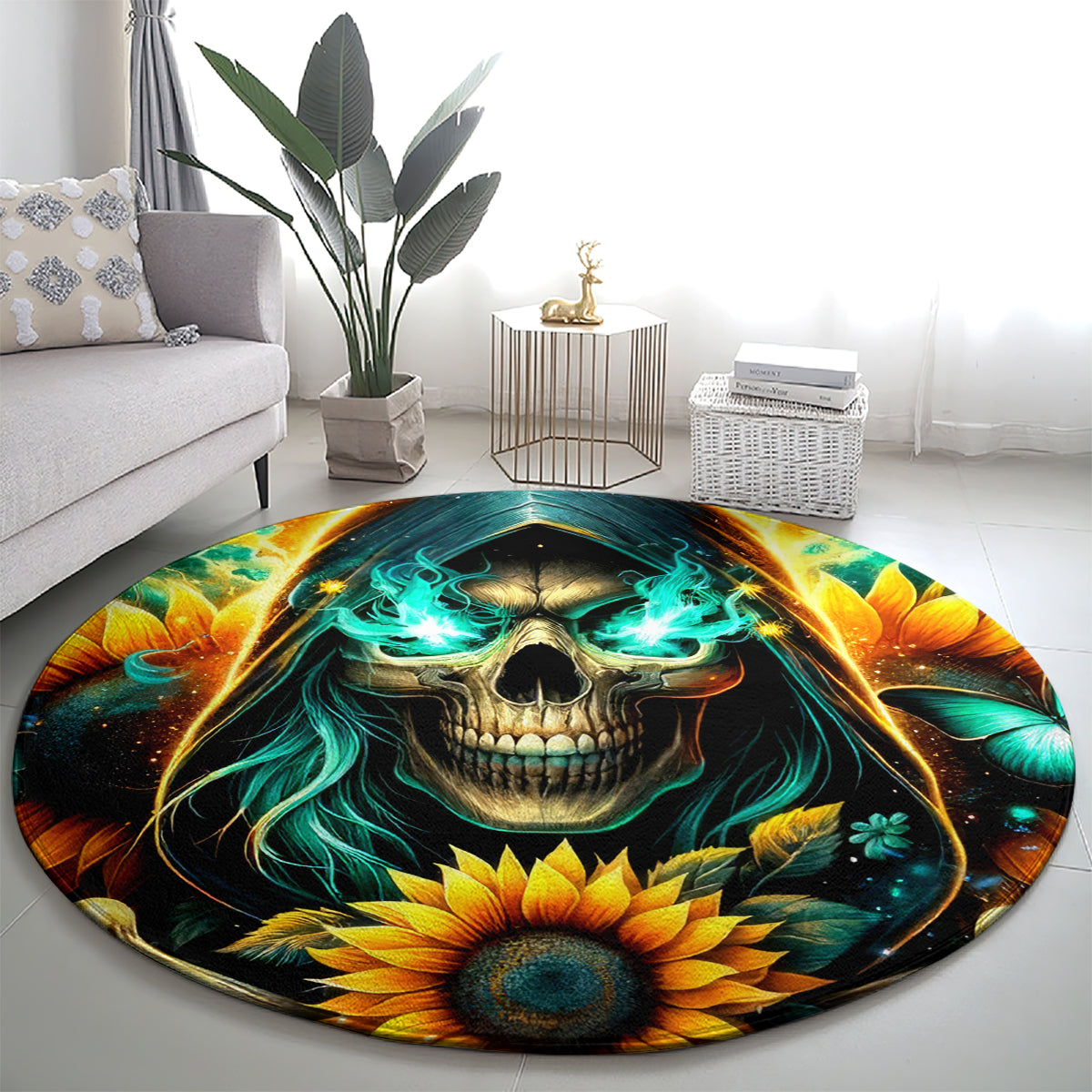 Sunflower Skull Round Carpet I'm Blunt Because God Rolled Me That Way