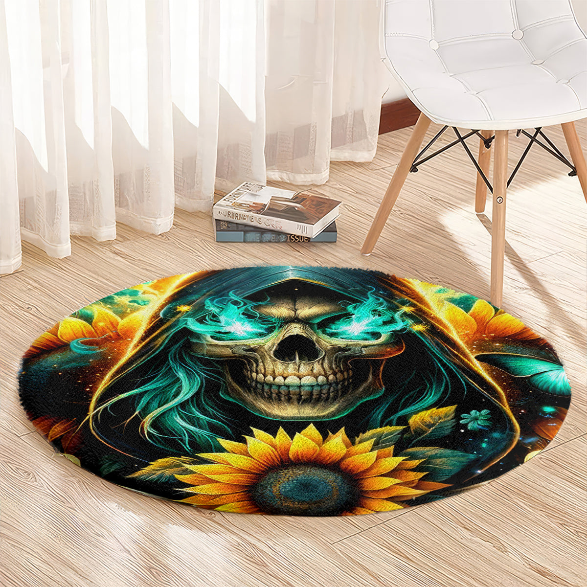 Sunflower Skull Round Carpet I'm Blunt Because God Rolled Me That Way