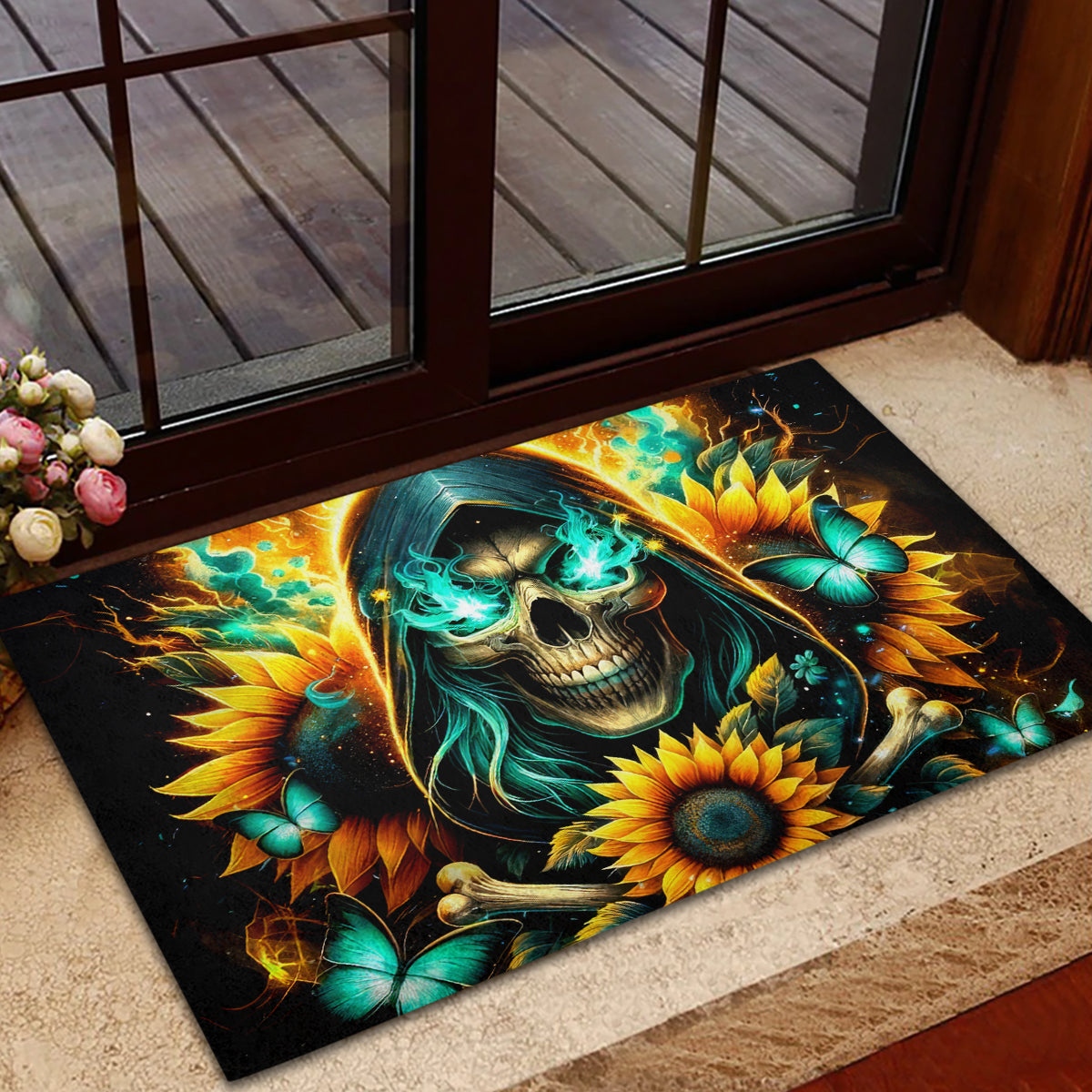 Sunflower Skull Rubber Doormat I'm Blunt Because God Rolled Me That Way - Wonder Print Shop