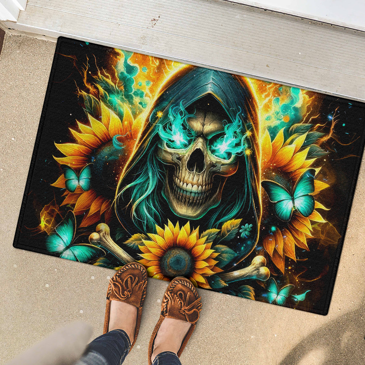Sunflower Skull Rubber Doormat I'm Blunt Because God Rolled Me That Way - Wonder Print Shop