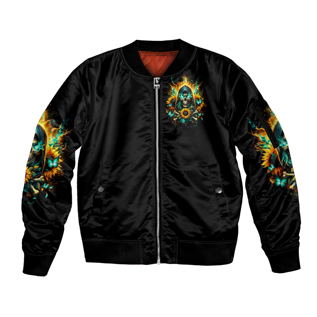 Sunflower Skull Sleeve Zip Bomber Jacket I'm Blunt Because God Rolled Me That Way - Wonder Print Shop