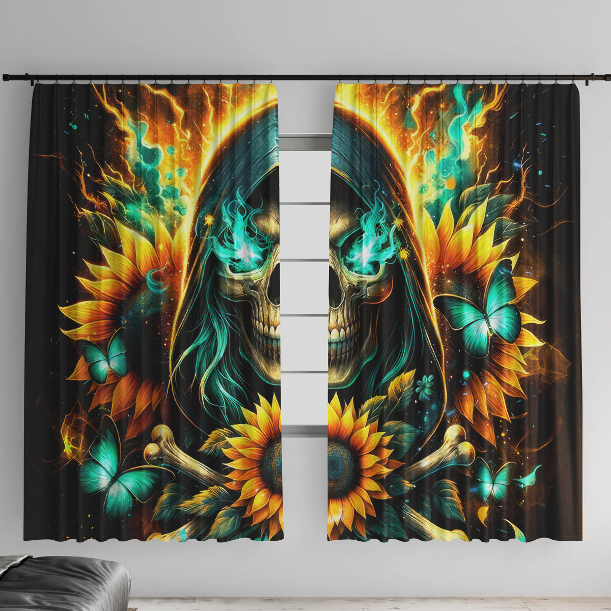 Sunflower Skull Window Curtain I'm Blunt Because God Rolled Me That Way - Wonder Print Shop