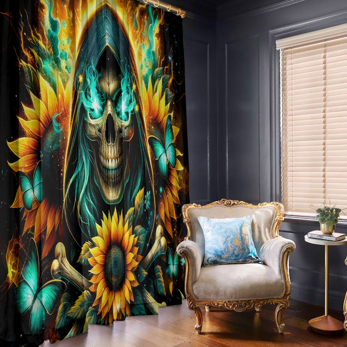 Sunflower Skull Window Curtain I'm Blunt Because God Rolled Me That Way - Wonder Print Shop
