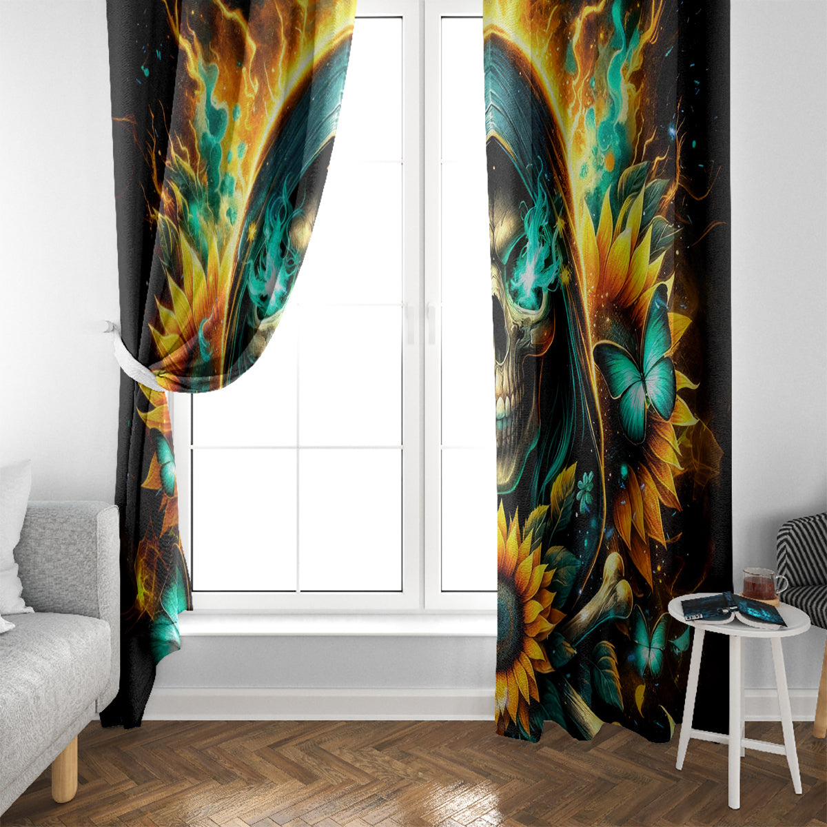 Sunflower Skull Window Curtain I'm Blunt Because God Rolled Me That Way - Wonder Print Shop