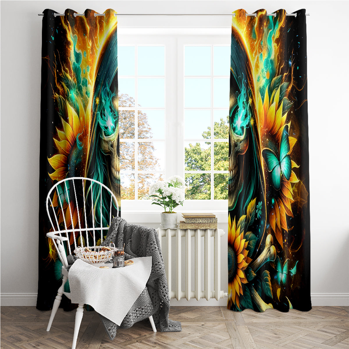 Sunflower Skull Window Curtain I'm Blunt Because God Rolled Me That Way - Wonder Print Shop