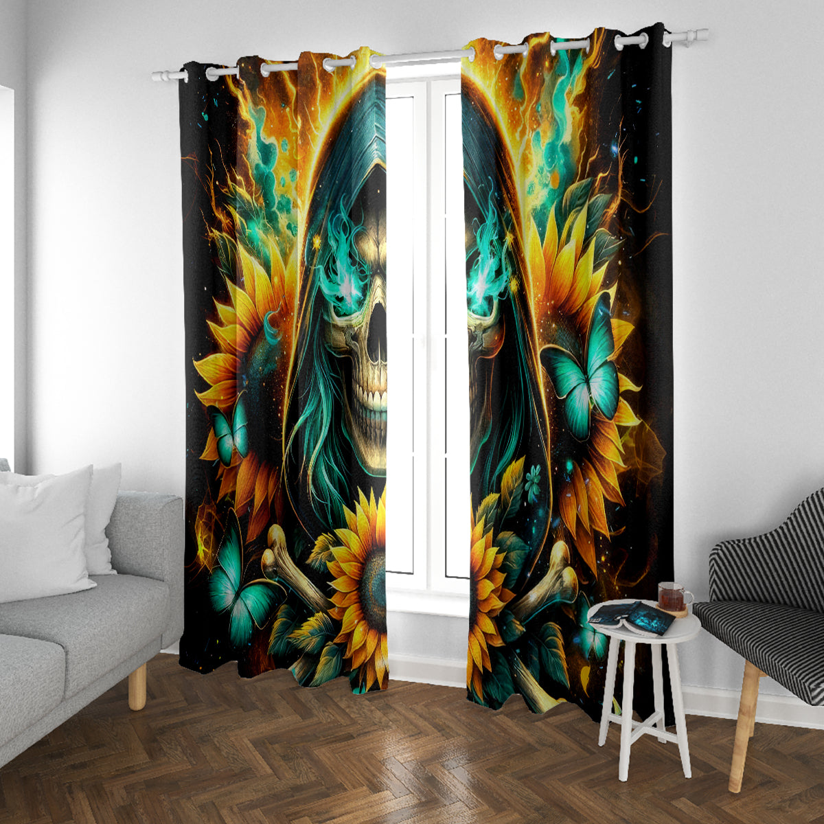 Sunflower Skull Window Curtain I'm Blunt Because God Rolled Me That Way - Wonder Print Shop