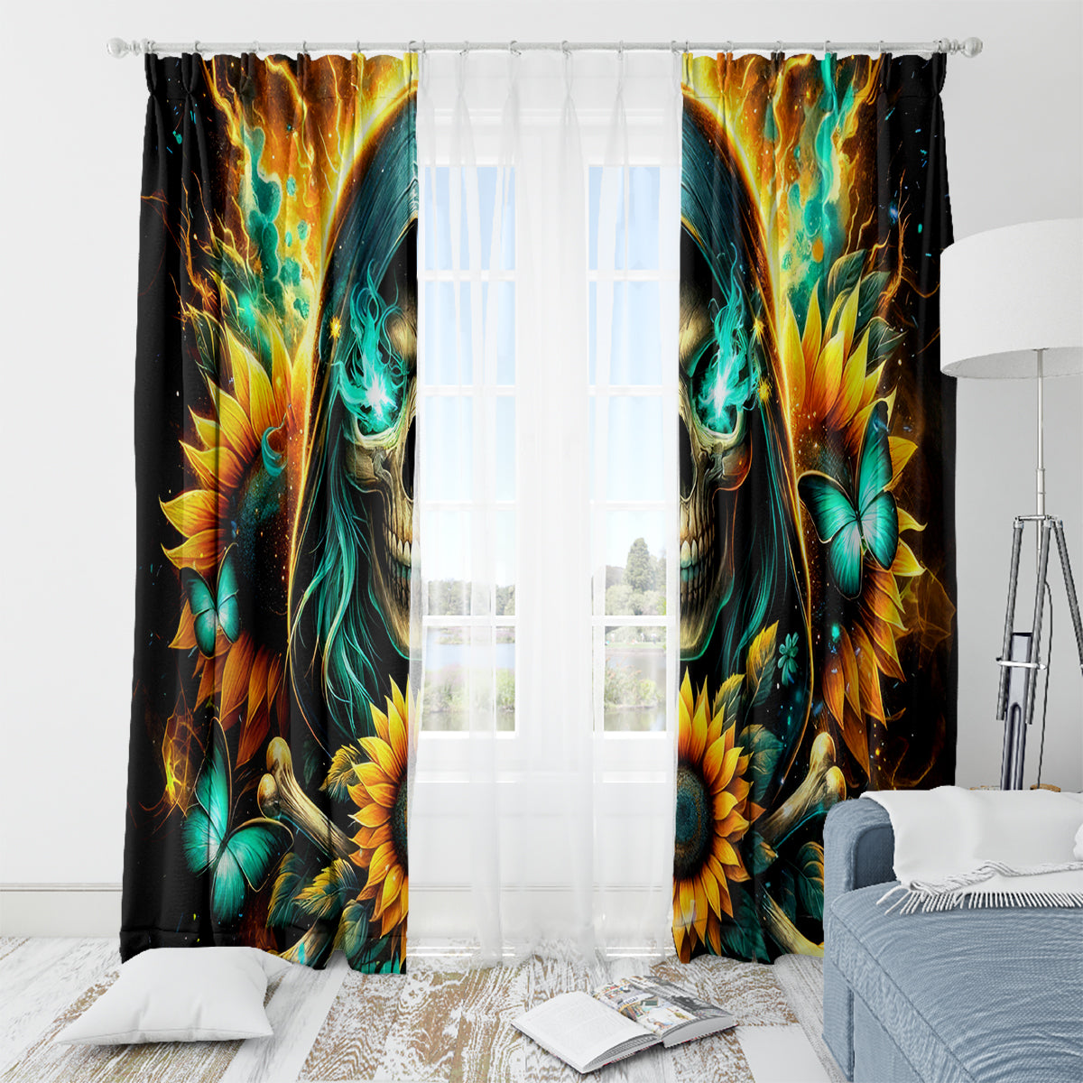 Sunflower Skull Window Curtain I'm Blunt Because God Rolled Me That Way - Wonder Print Shop