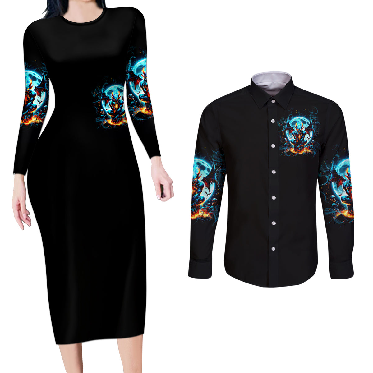 Devil Skull Couples Matching Long Sleeve Bodycon Dress and Long Sleeve Button Shirt One Day I'm Gonna Just Say And Let My Demons Out Play - Wonder Print Shop