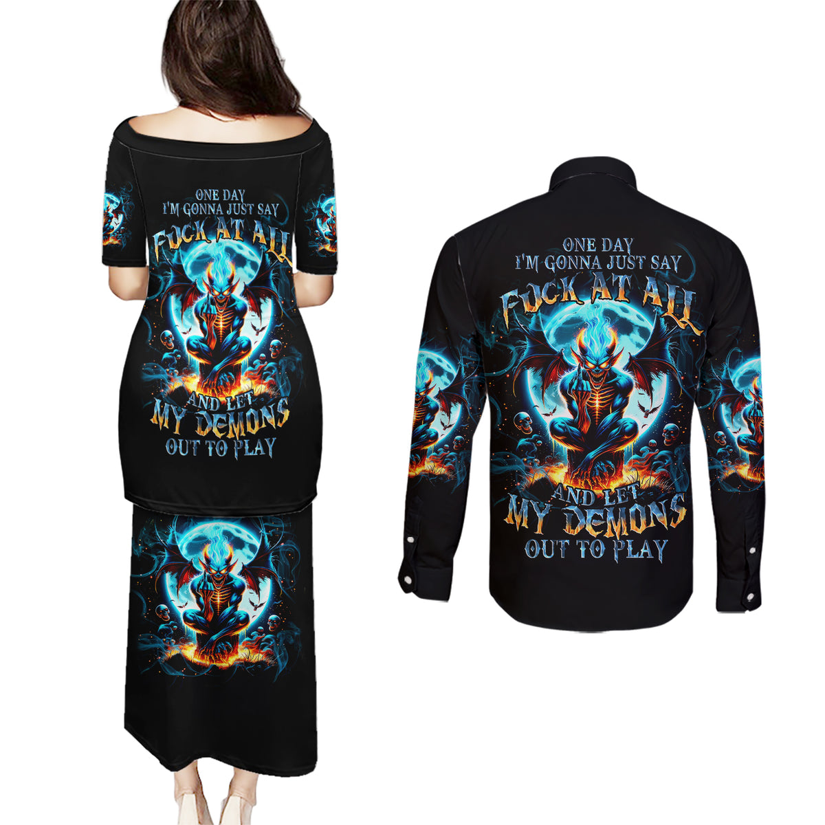 Devil Skull Couples Matching Puletasi and Long Sleeve Button Shirt One Day I'm Gonna Just Say And Let My Demons Out Play - Wonder Print Shop