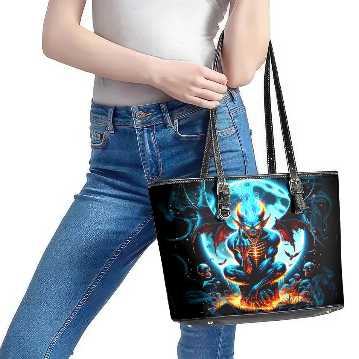 Devil Skull Leather Tote Bag One Day I'm Gonna Just Say And Let My Demons Out Play - Wonder Print Shop