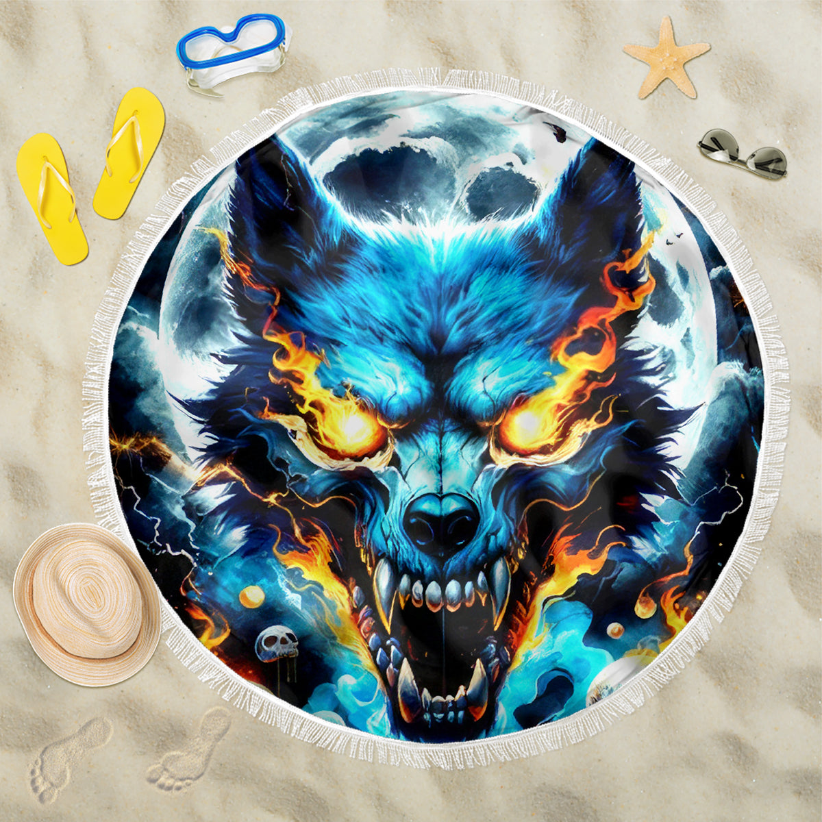 Wolf Skull Beach Blanket Born As Human But Wolft At Heart - Wonder Print Shop