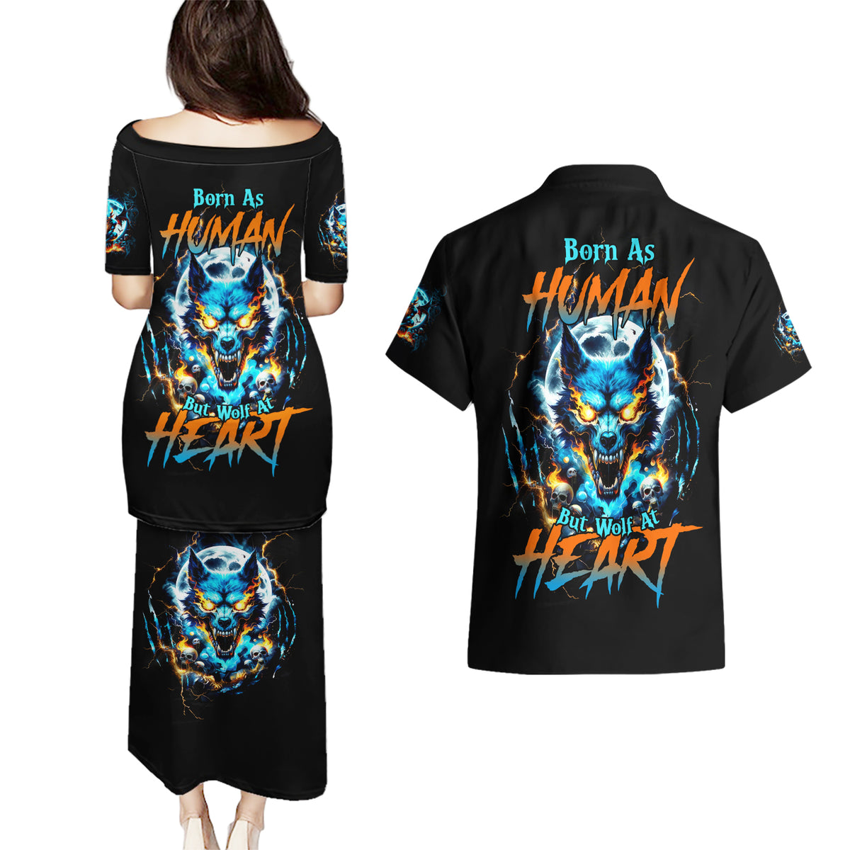 Wolf Skull Couples Matching Puletasi and Hawaiian Shirt Born As Human But Wolft At Heart - Wonder Print Shop
