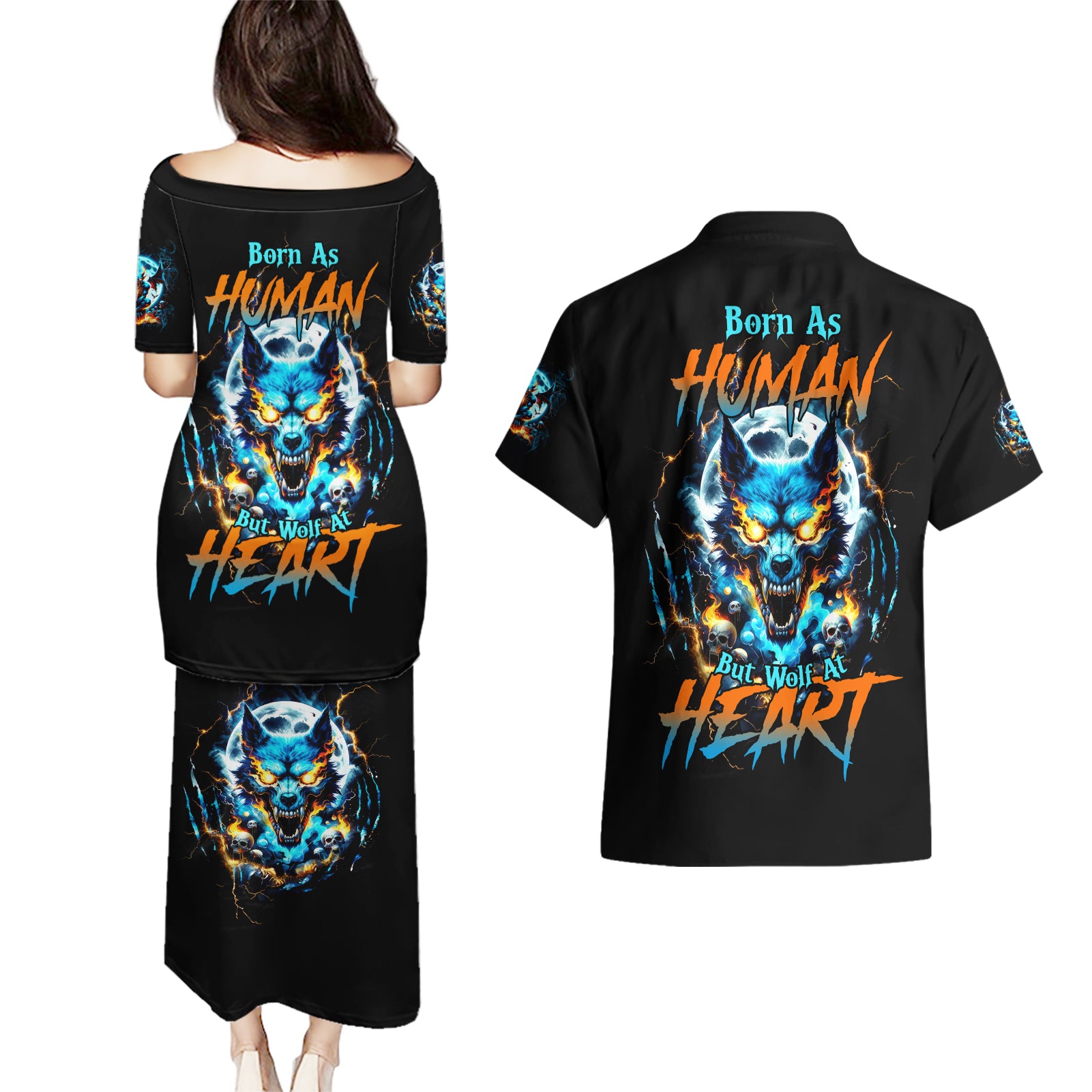 Wolf Skull Couples Matching Puletasi and Hawaiian Shirt Born As Human But Wolft At Heart - Wonder Print Shop