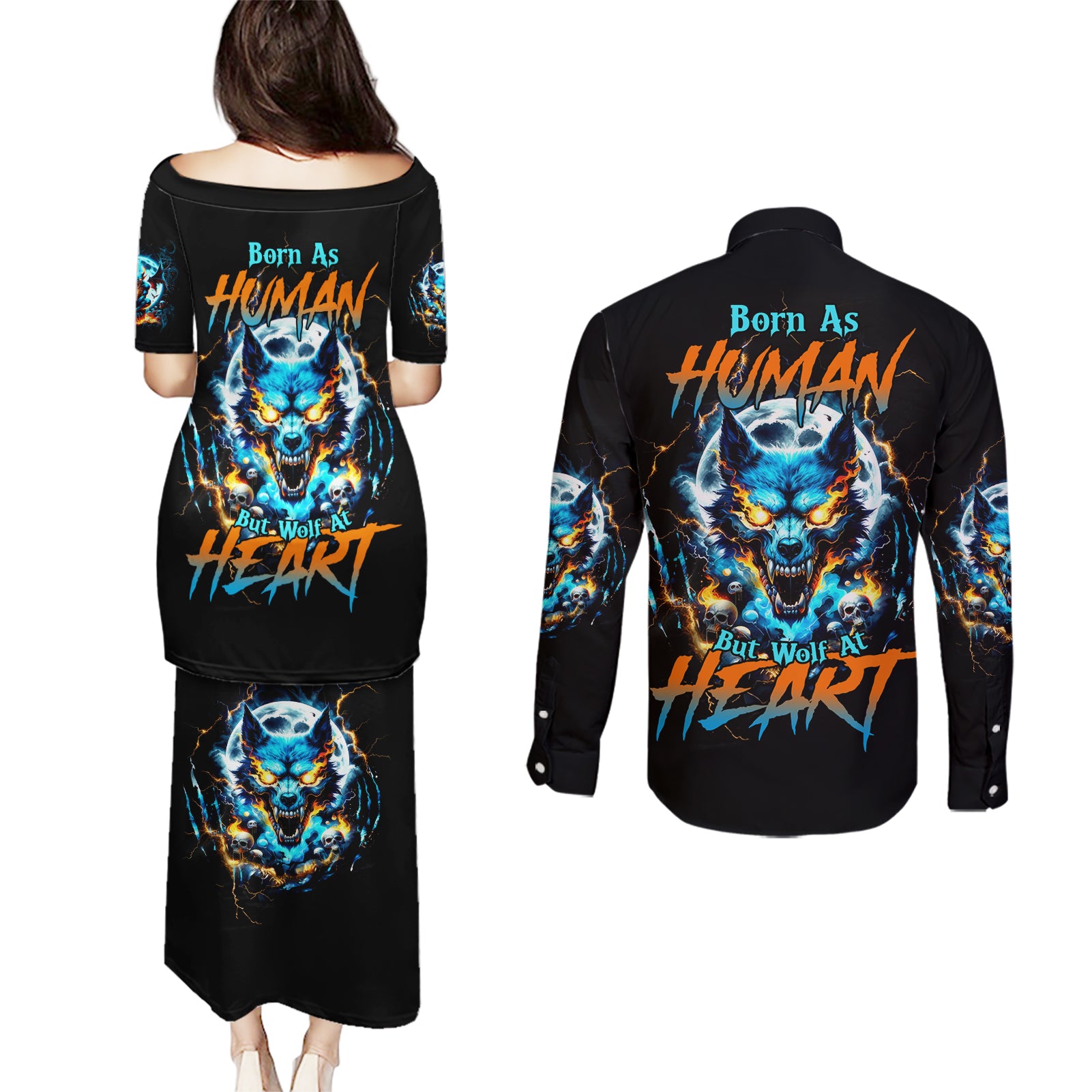 Wolf Skull Couples Matching Puletasi and Long Sleeve Button Shirt Born As Human But Wolft At Heart - Wonder Print Shop