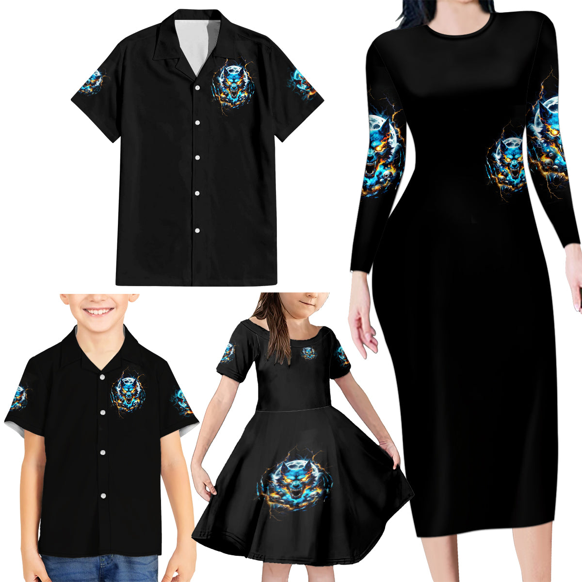 Wolf Skull Family Matching Long Sleeve Bodycon Dress and Hawaiian Shirt Born As Human But Wolft At Heart - Wonder Print Shop