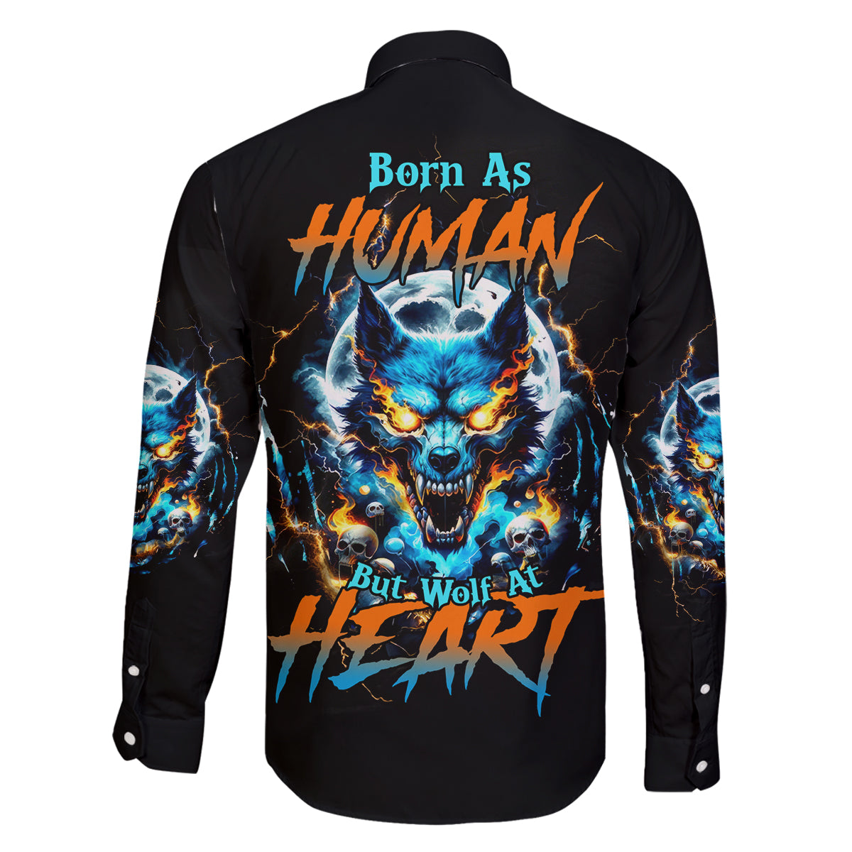 Wolf Skull Family Matching Long Sleeve Bodycon Dress and Hawaiian Shirt Born As Human But Wolft At Heart - Wonder Print Shop