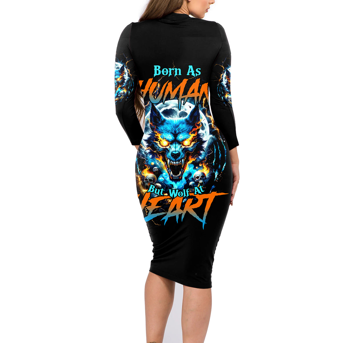 Wolf Skull Family Matching Long Sleeve Bodycon Dress and Hawaiian Shirt Born As Human But Wolft At Heart - Wonder Print Shop