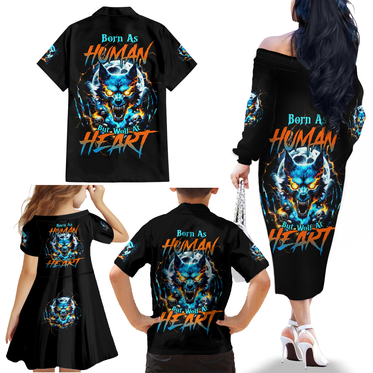 Wolf Skull Family Matching Off Shoulder Long Sleeve Dress and Hawaiian Shirt Born As Human But Wolft At Heart - Wonder Print Shop
