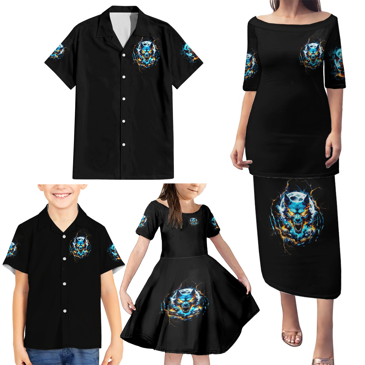 Wolf Skull Family Matching Puletasi and Hawaiian Shirt Born As Human But Wolft At Heart - Wonder Print Shop