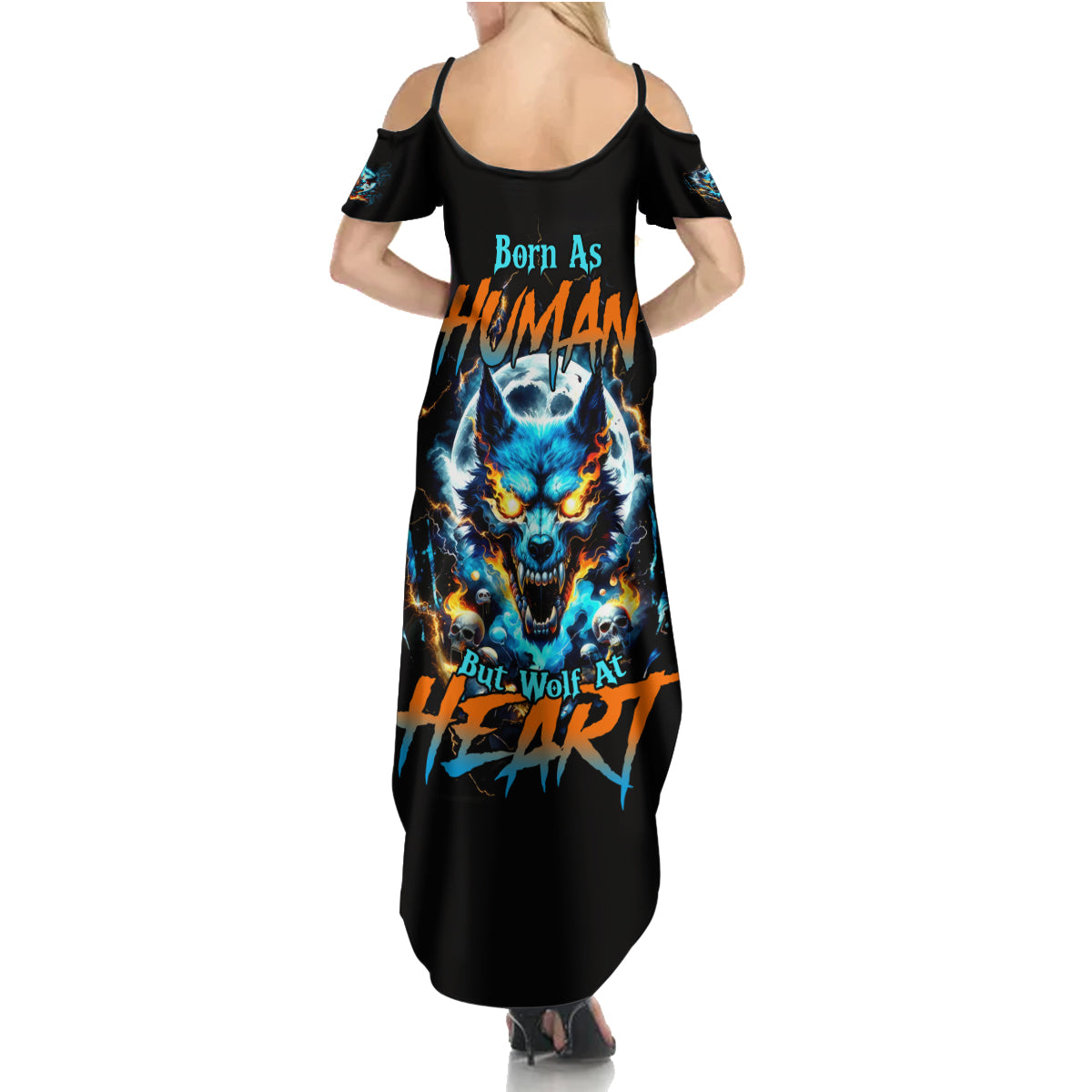 Wolf Skull Family Matching Summer Maxi Dress and Hawaiian Shirt Born As Human But Wolft At Heart - Wonder Print Shop