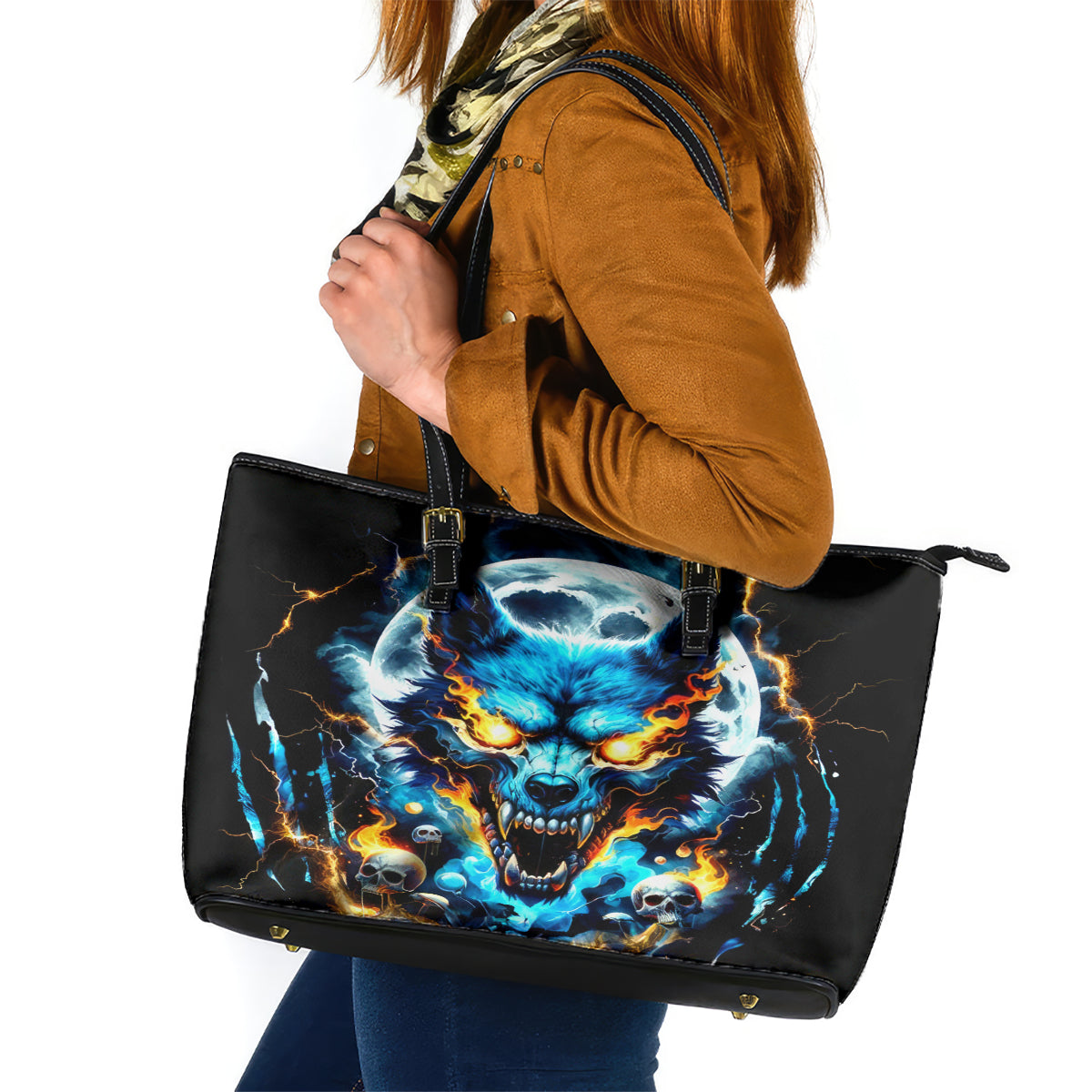 Wolf Skull Leather Tote Bag Born As Human But Wolft At Heart - Wonder Print Shop