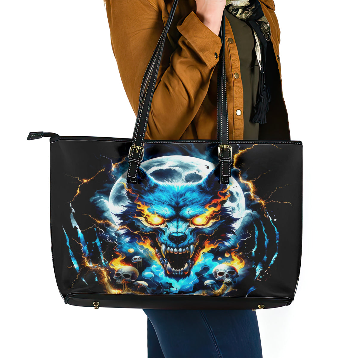Wolf Skull Leather Tote Bag Born As Human But Wolft At Heart - Wonder Print Shop