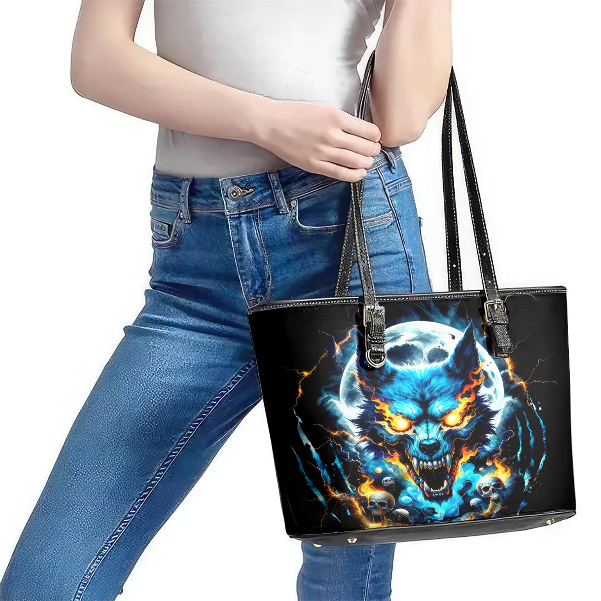 Wolf Skull Leather Tote Bag Born As Human But Wolft At Heart - Wonder Print Shop