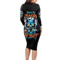 Wolf Skull Long Sleeve Bodycon Dress Born As Human But Wolft At Heart - Wonder Print Shop