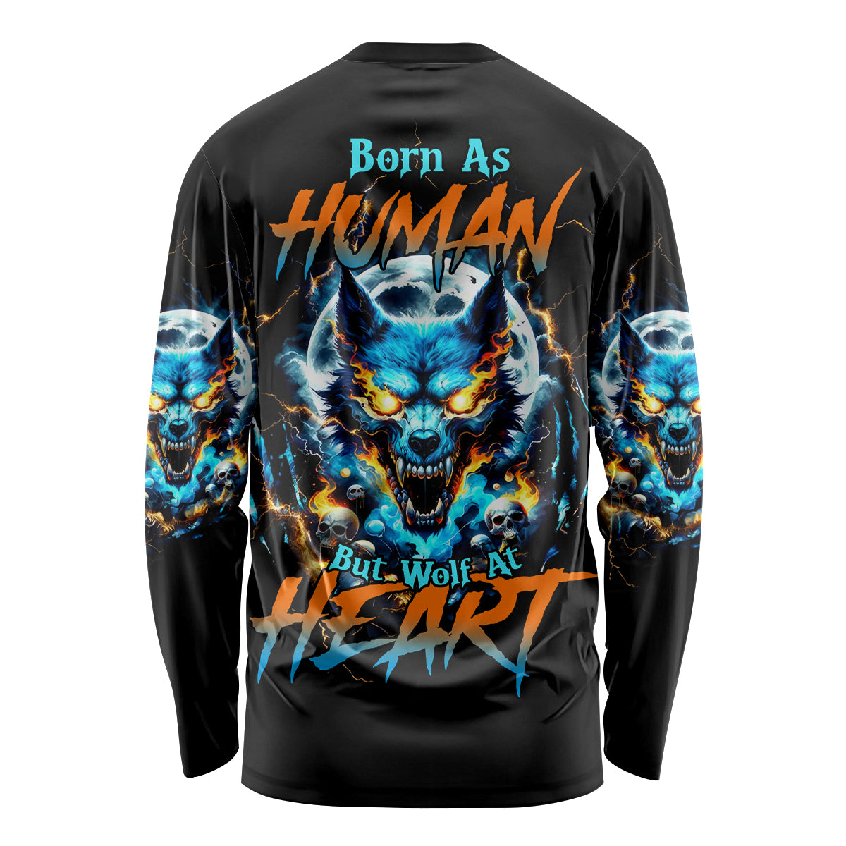 Wolf Skull Long Sleeve Shirt Born As Human But Wolft At Heart - Wonder Print Shop