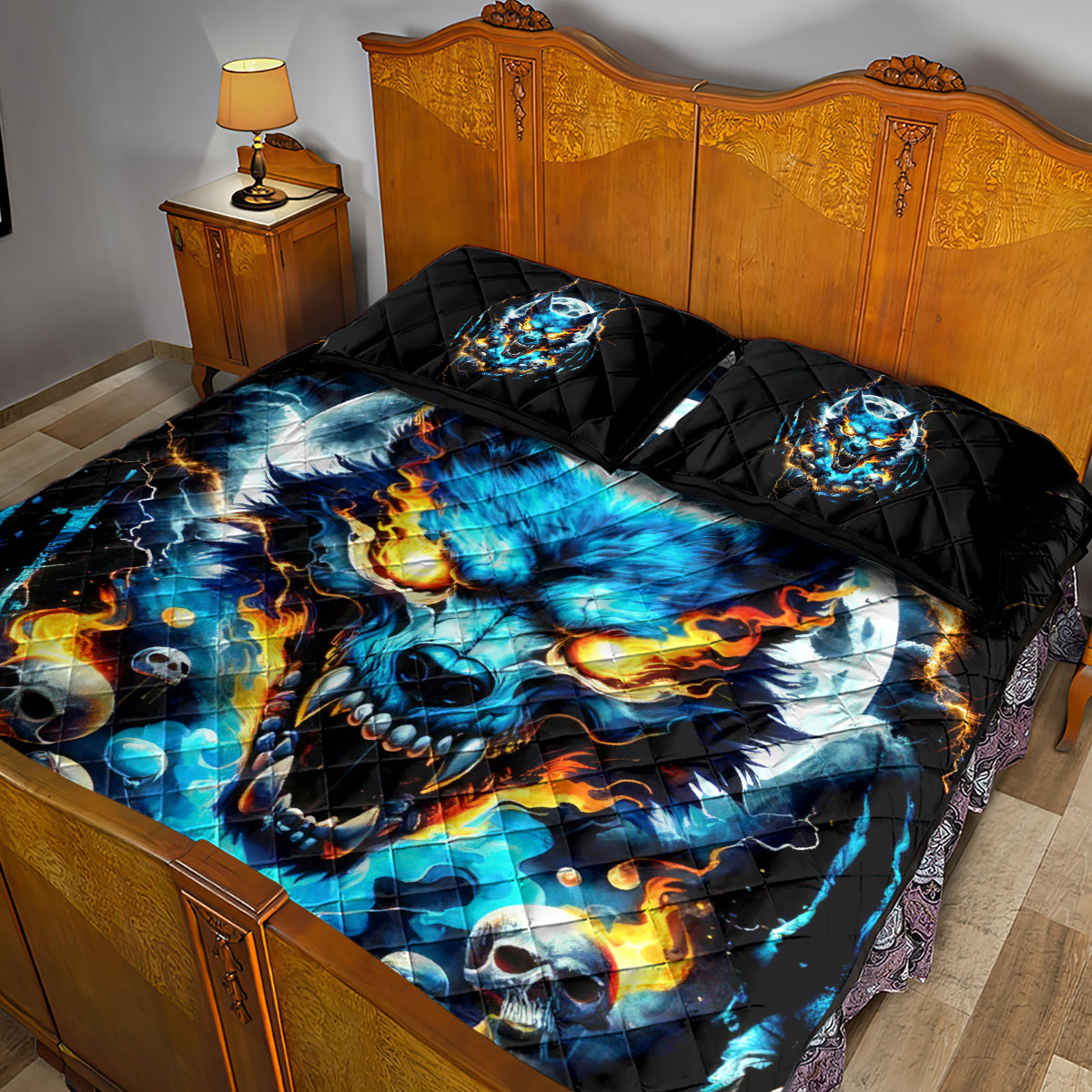Wolf Skull Quilt Bed Set Born As Human But Wolft At Heart - Wonder Print Shop