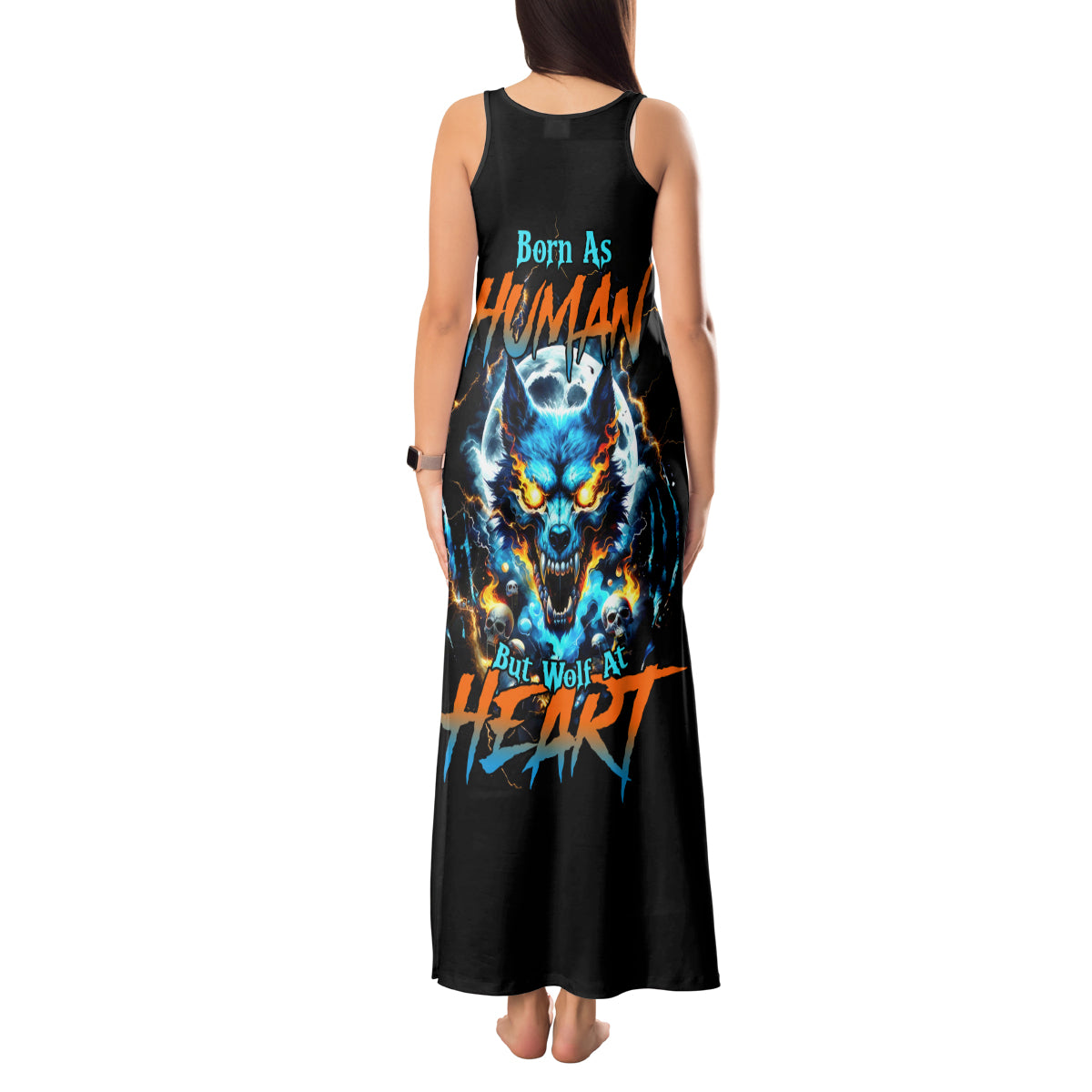Wolf Skull Tank Maxi Dress Born As Human But Wolft At Heart - Wonder Print Shop